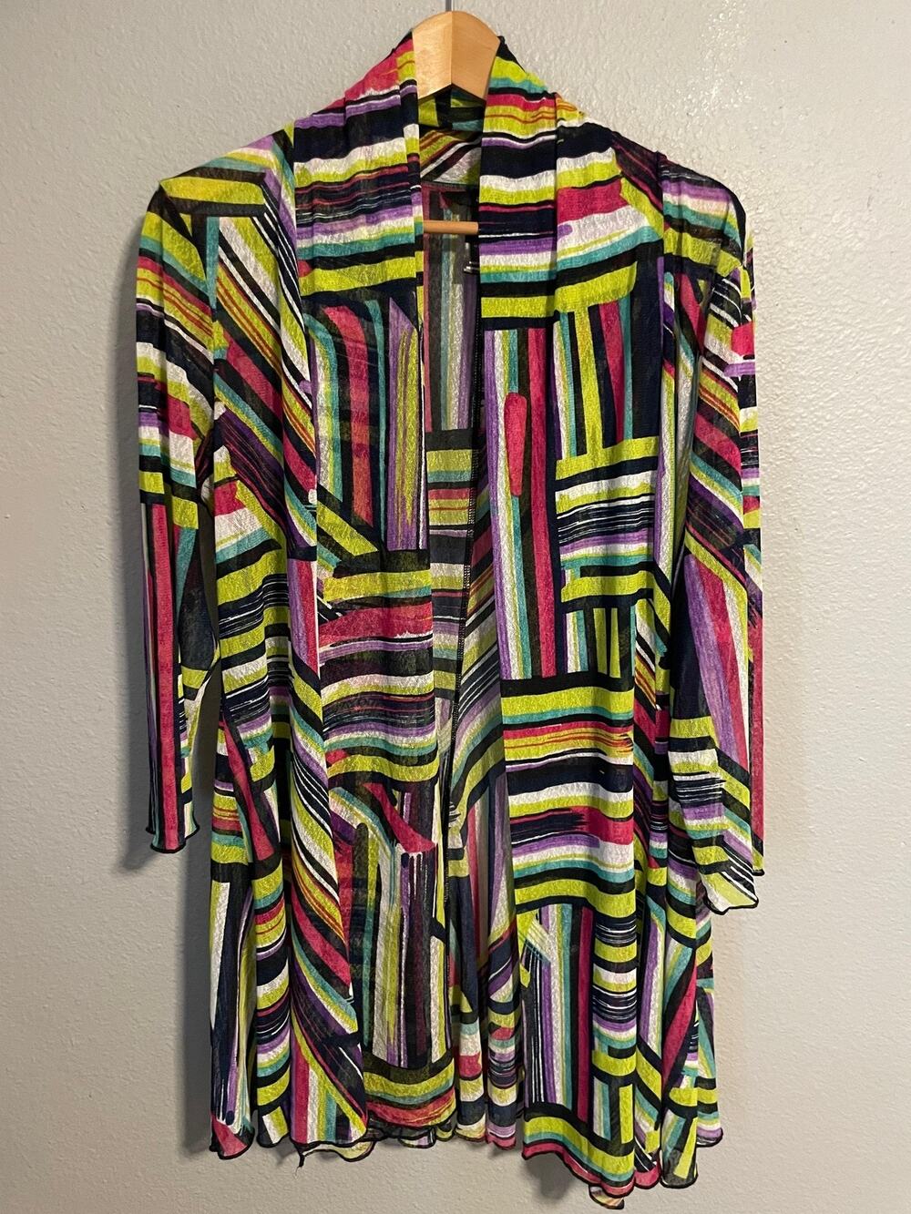 Ali Miles Womens Kimono Large Multicolor Striped Sheer Mesh Open Artsy Wacky